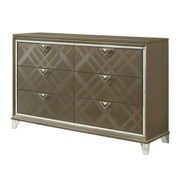 Benjara BM225966 6 Drawer Wooden Dresser with Mirror Accent & Acrylic Legs, Taupe Brown