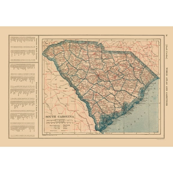 Historic State Map - South Carolina - Reynold 1921 - 33.03 x 23 - Vintage Wall Art