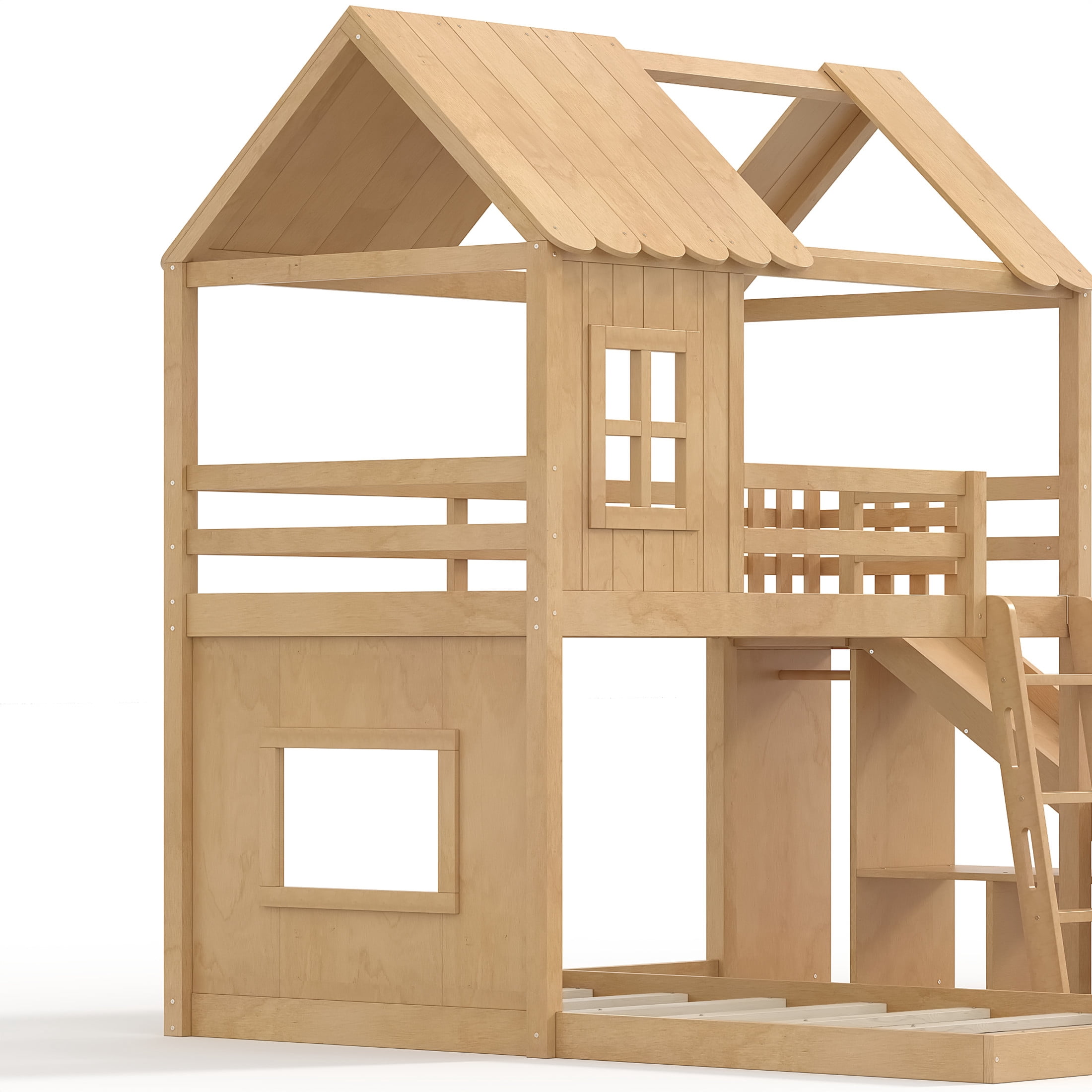 GDF Studio Twin over Full House Bunk Bed with Slide, Ladder, Shelves & Wardrobe, Natural