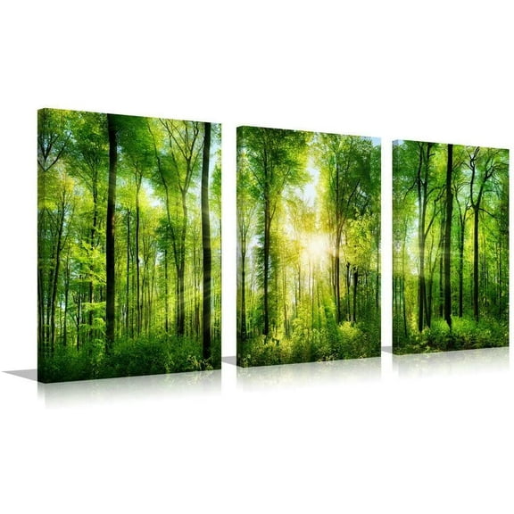 Forest Landscape Canvas Wall Art Set - 3 Panel Modern Nature Paintings with Green Trees and Sunrise Scenery, Minimalist Canvas Print for Living Room, Bedroom, or Office 12 x 16 Inch