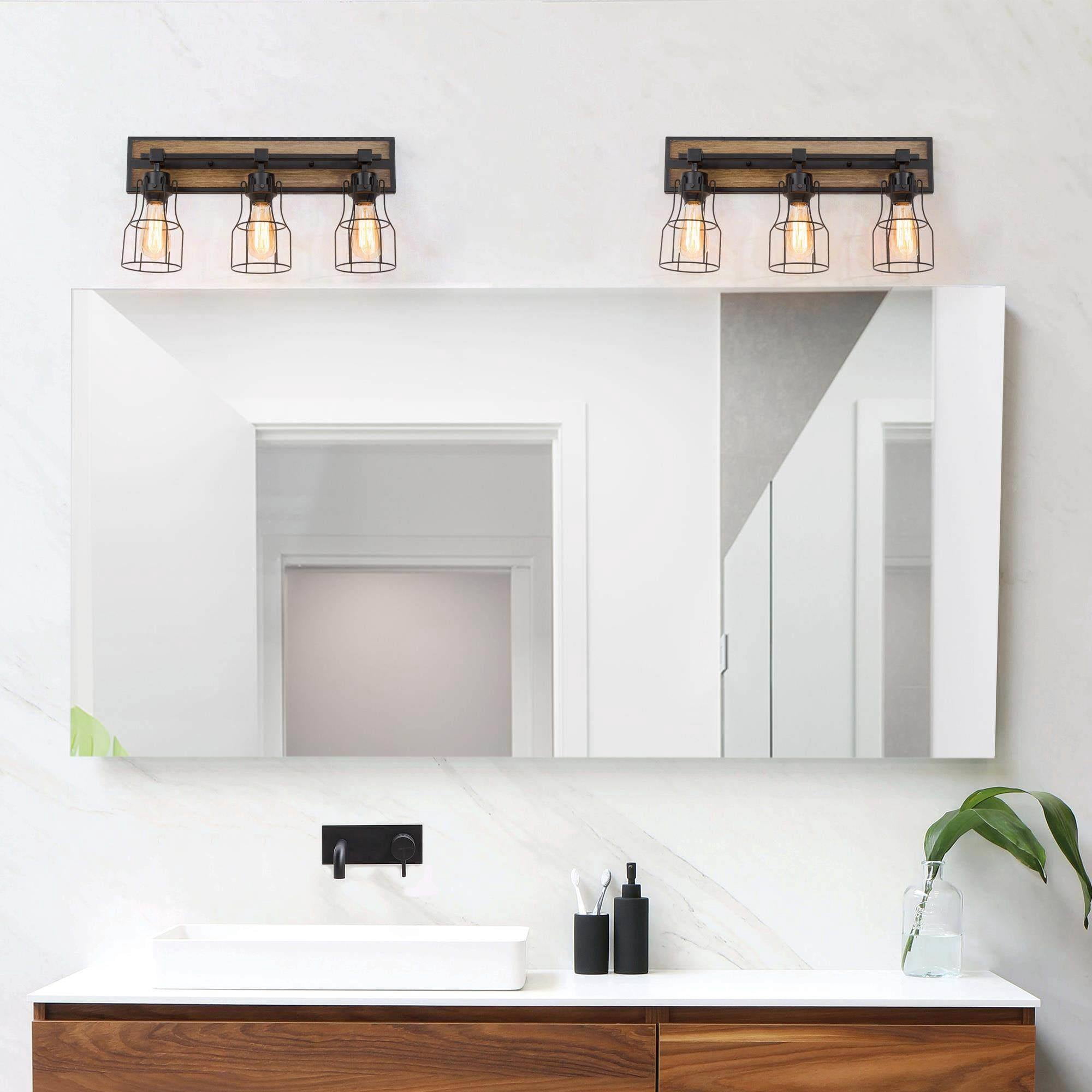 LNC 3-Light Black Geometric Modern Farmhouse Wood Tone Bathroom Vanity Lighting Fixutre