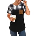 thumbnail image 1 of Women Plaid Print Pocket Patchwork Contrast Color Short Sleeve Top, 1 of 4