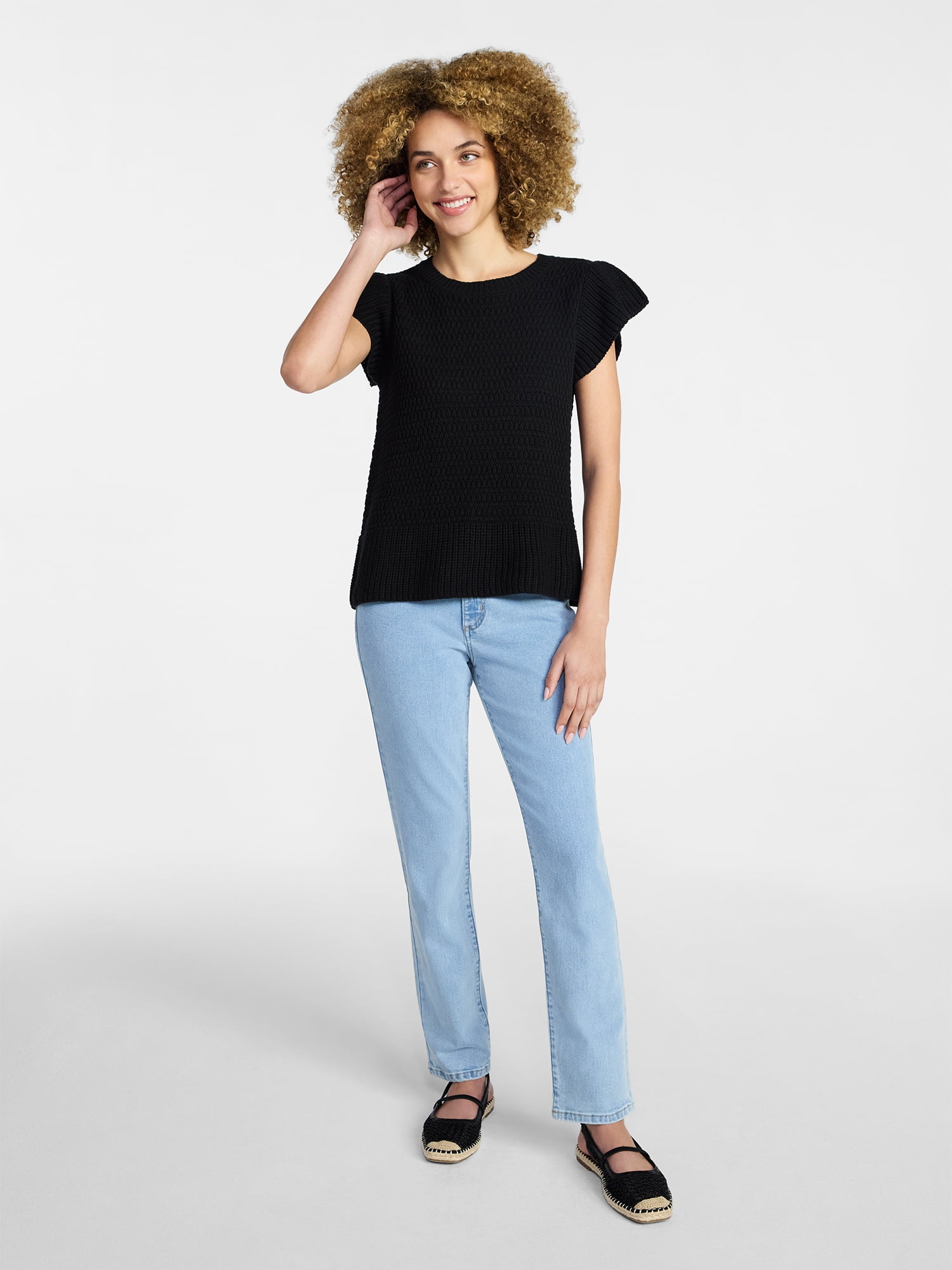 Time and Tru Women's Textured Sweater with Short Flutter Sleeves, Lightweight, Sizes XS-XXXL