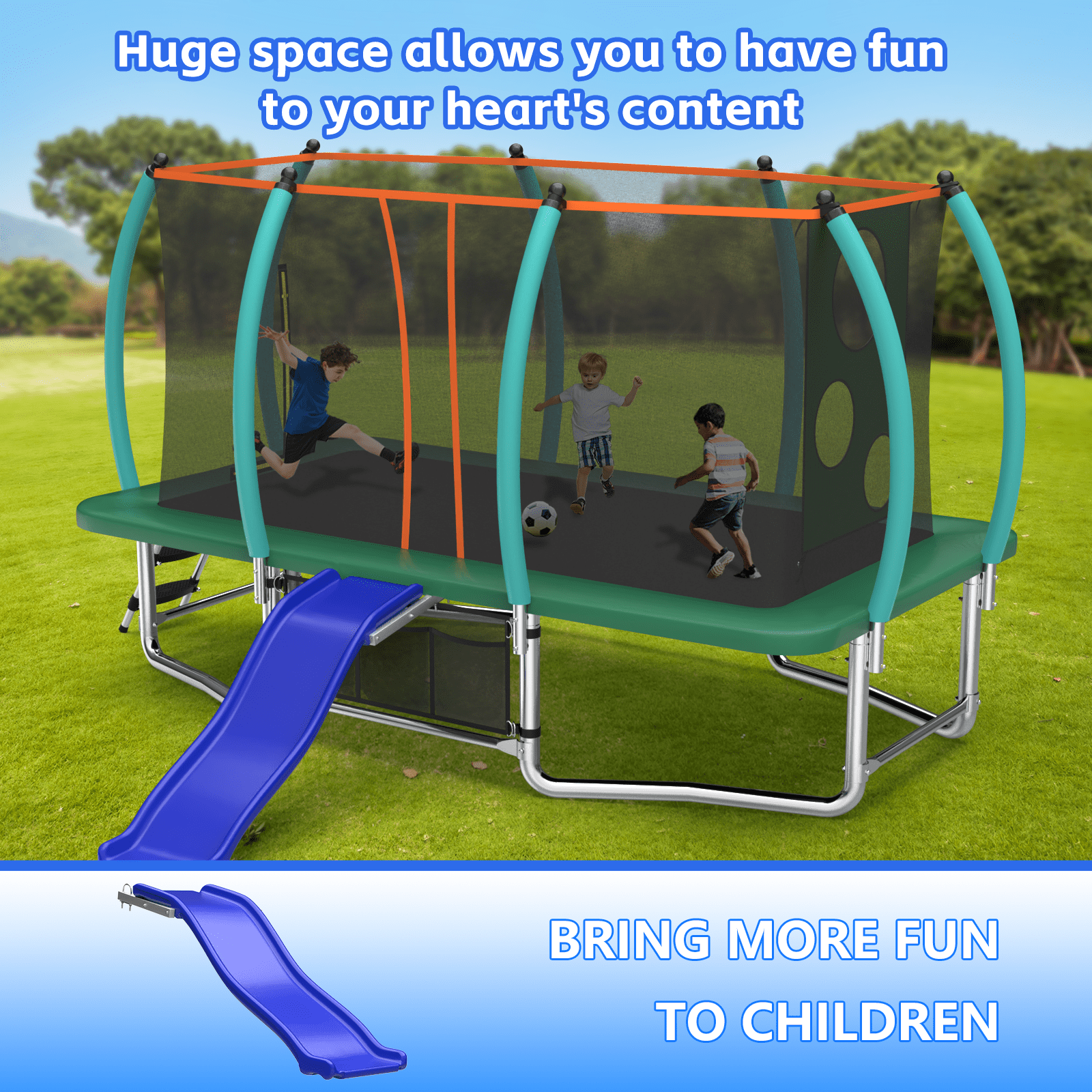 Mersco 8x14ft Large Rectangle Trampoline with Enclosure Net ,Slide Outdoor Big Trampoline for Backyard,Kids Trampoline with Basketball Hoop,Birthday and Holiday Gifts for Kids,Green