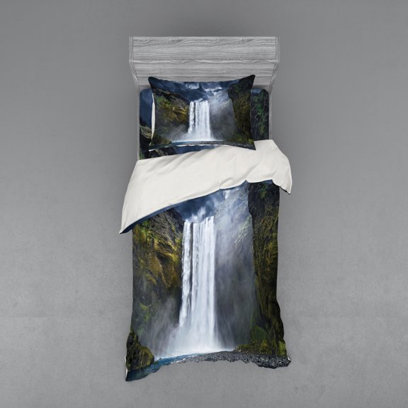 Ambesonne Landscape Bedding Set 3 Pcs, America Cliffs Scene, Twin, Green Blue White