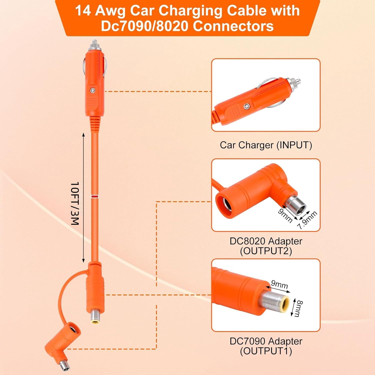 QIANJIA 14AWG 12V/24V Car Charger Cable for Jackery Portable Power Station,10FT/3M 15A Fast Charging Cord with DC7909 & DC8020 Plug Adapter - UL-Certified for RV, Truck, Fridge, Power Station