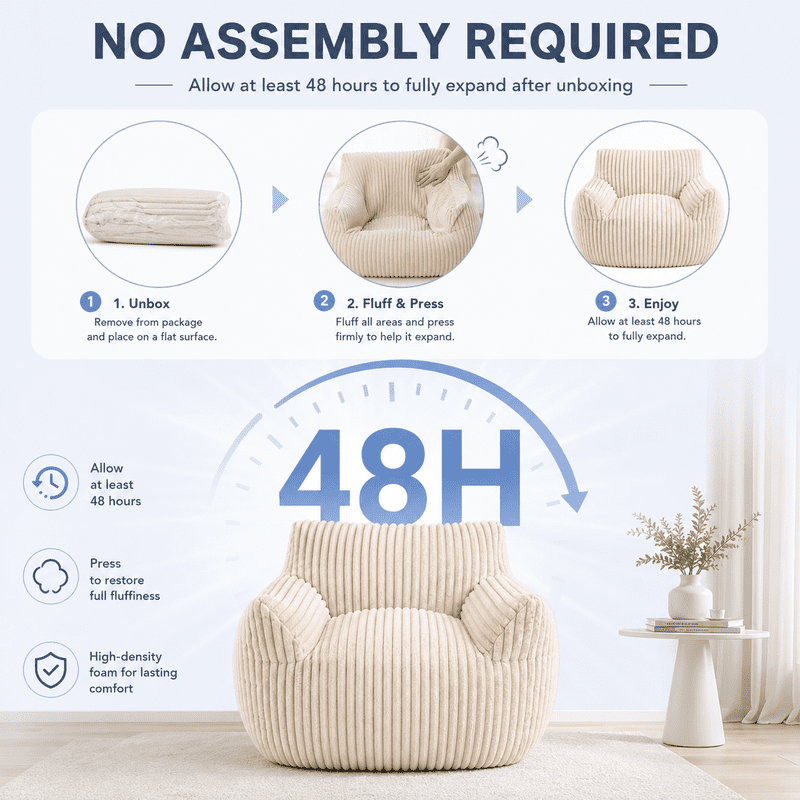 Giant Bean Bag Chair for Adults, 46" Oversized Corduroy Bean Bag Sofa with Armrests, Shredded Foam Floor Lounge Chair, Supports 400 lbs, Beige
