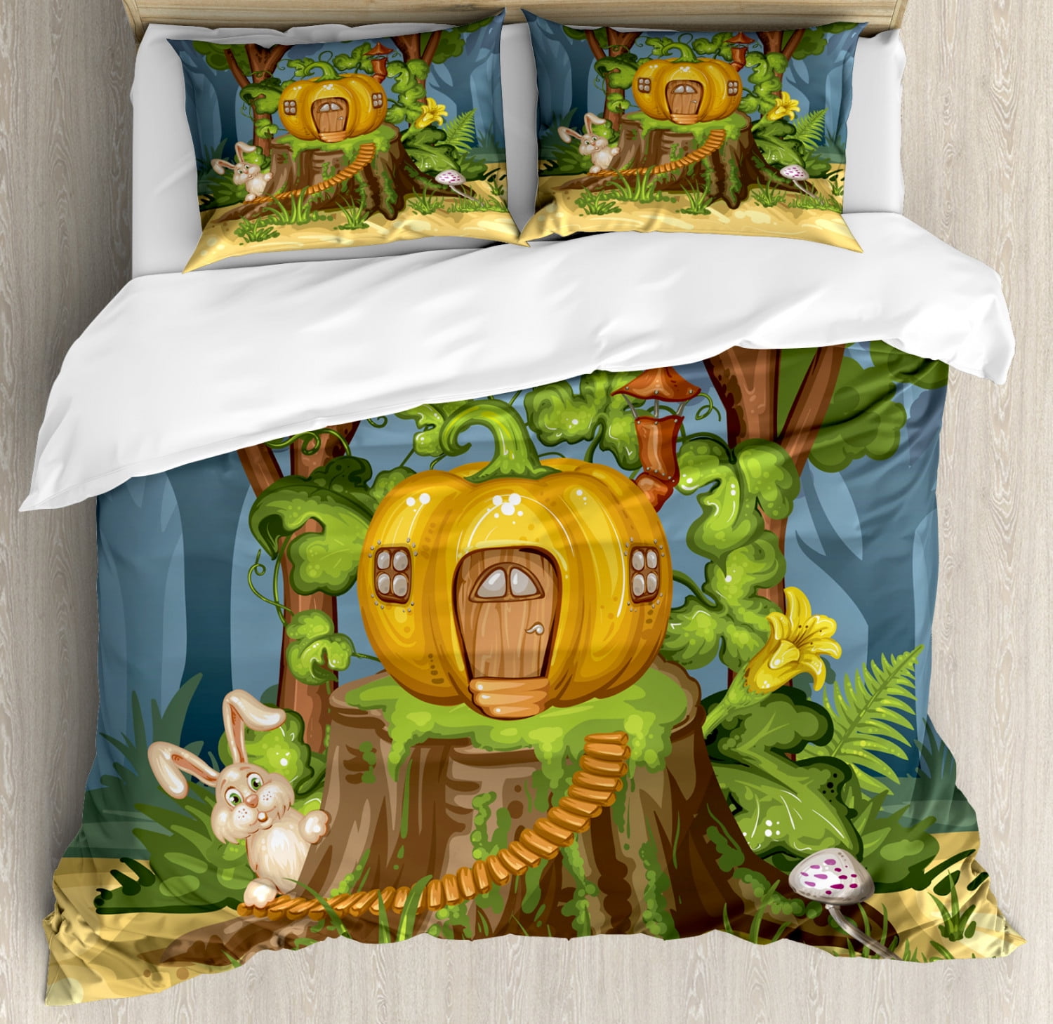 Gnome Duvet Cover Set King Size, Surreal Forest with Bunny Pumpkin