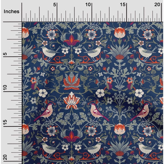 oneOone Cotton Jersey Navy Blue Fabric Leaves|Bird & Floral Artistic Sewing Fabric By The Yard Printed Diy Clothing Sewing Supplies 58 Inch Wide