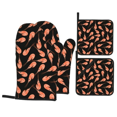 

Oven Mitts and Pot Holders Sets 4 pcs - Shrimp No.9025 Heat Resistant Silicone Oven Gloves with Non-Slip Silicone Surface and hot pads for kitchen Baking Cooking BBQ