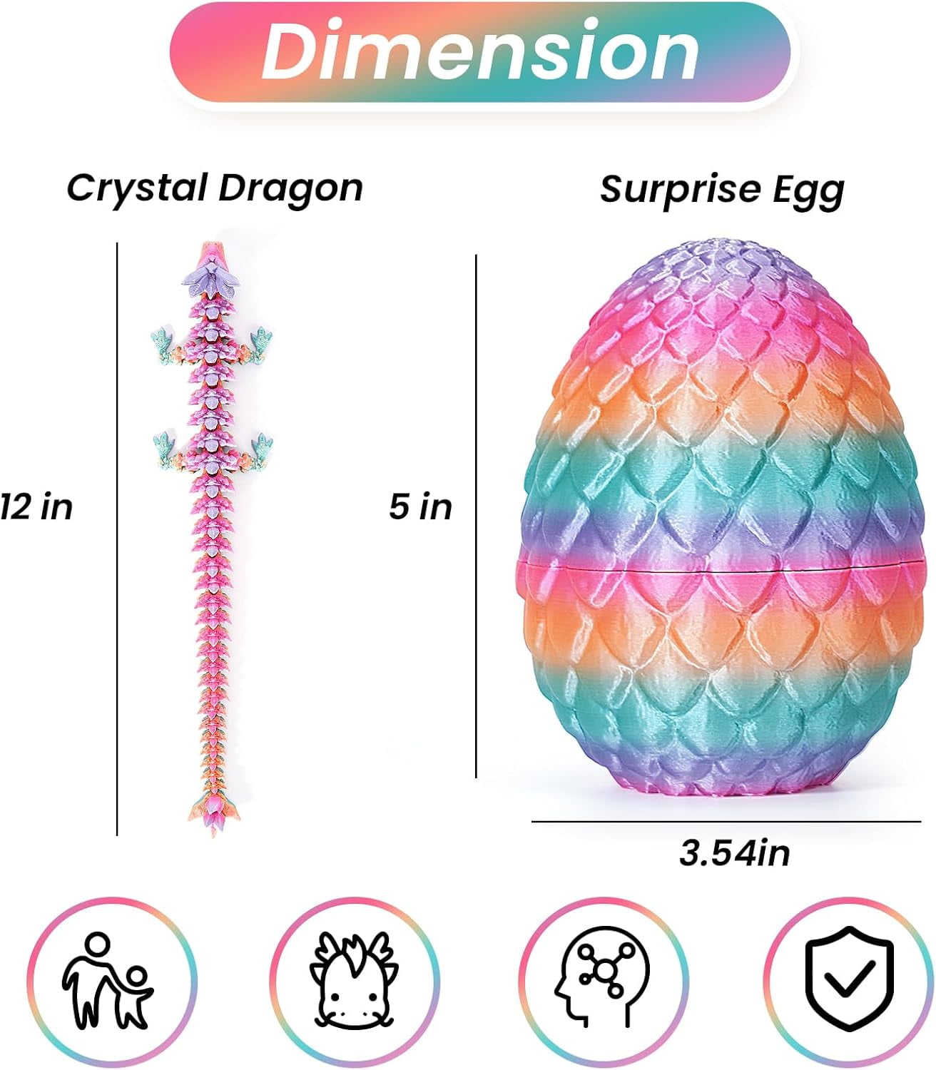 3D Printing Toys - 12" 3D Printed Dragon&Egg Cool 3D Printed Articulated Crystal Dragon Toy for Ages 8+ (L-random Candy)