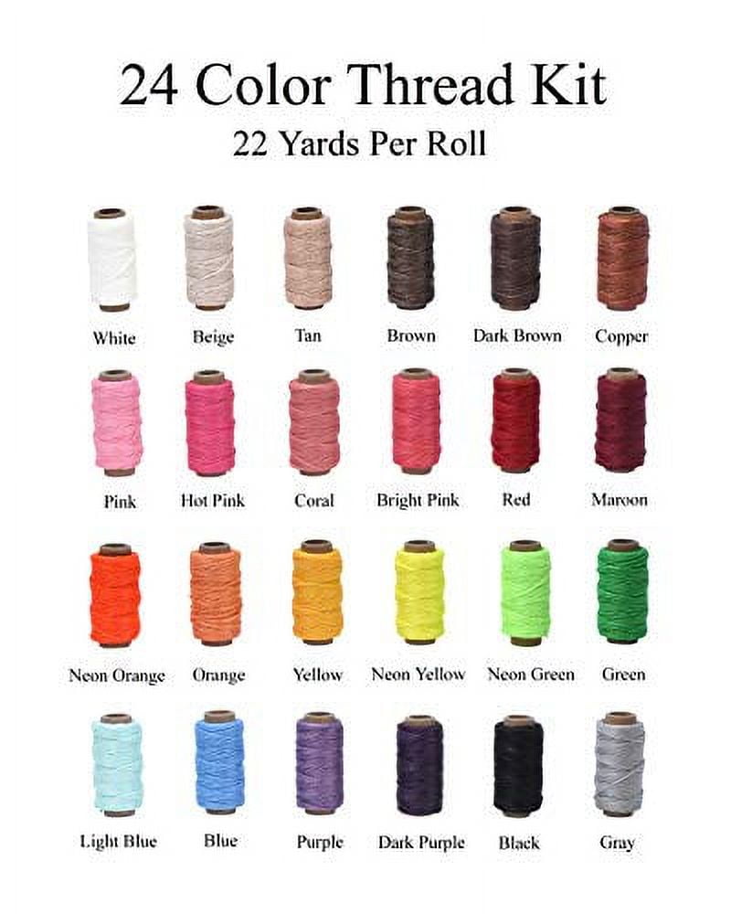 Round Waxed Thread for Leather Sewing - Leather Thread Wax String Polyester Cord for Leather Craft Stitching Bookbinding by Mandala Crafts 0.8mm 22 X 24 Yards 24 Assorted Colors