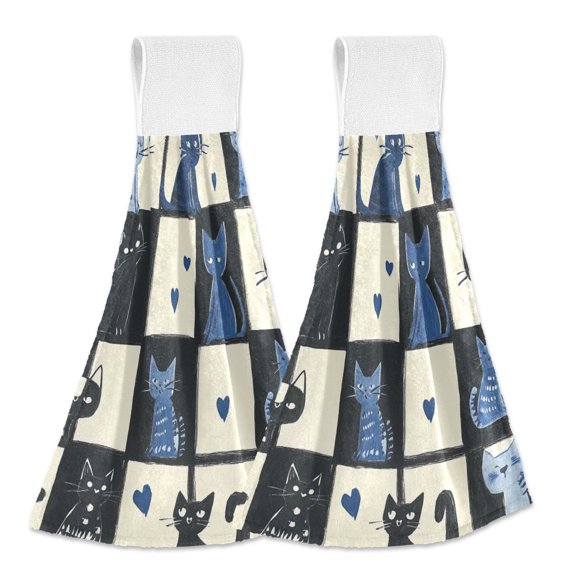 Yayeee Kitchen Hanging Hand Towels Set of 2 with Loop Bathroom Absorbent Tie Towel, Black and Blue Cat
