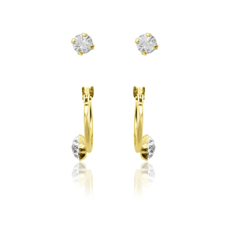 Open Heart Crystal Cross Baby Earrings in 14k Yellow Gold with Safety Backs