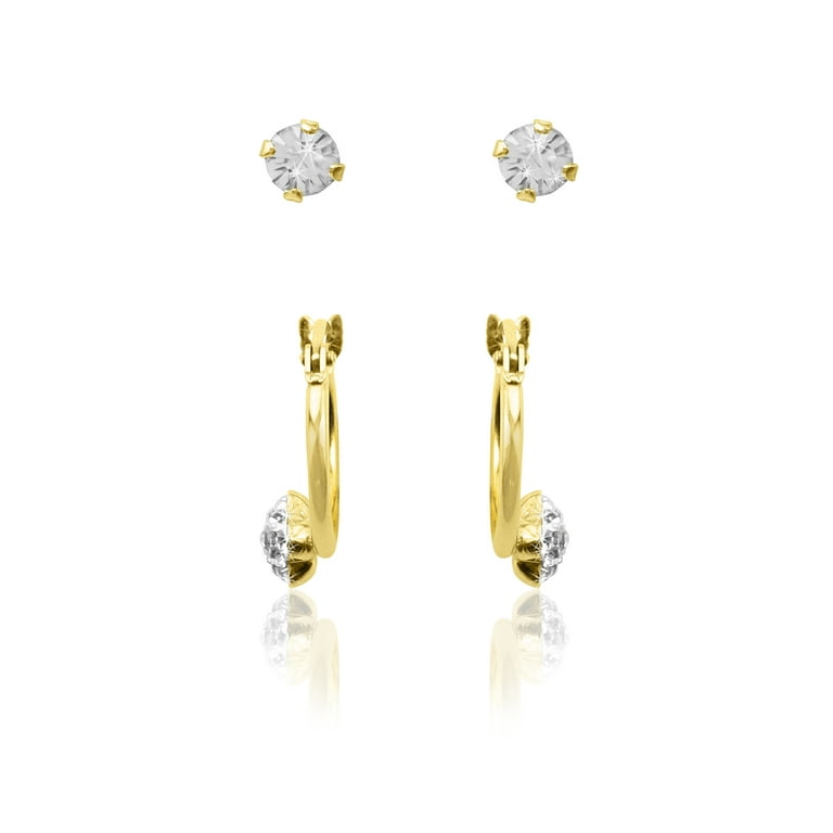 Flower Crystal Cross Baby Earrings in 14k Yellow Gold with Safety Backs