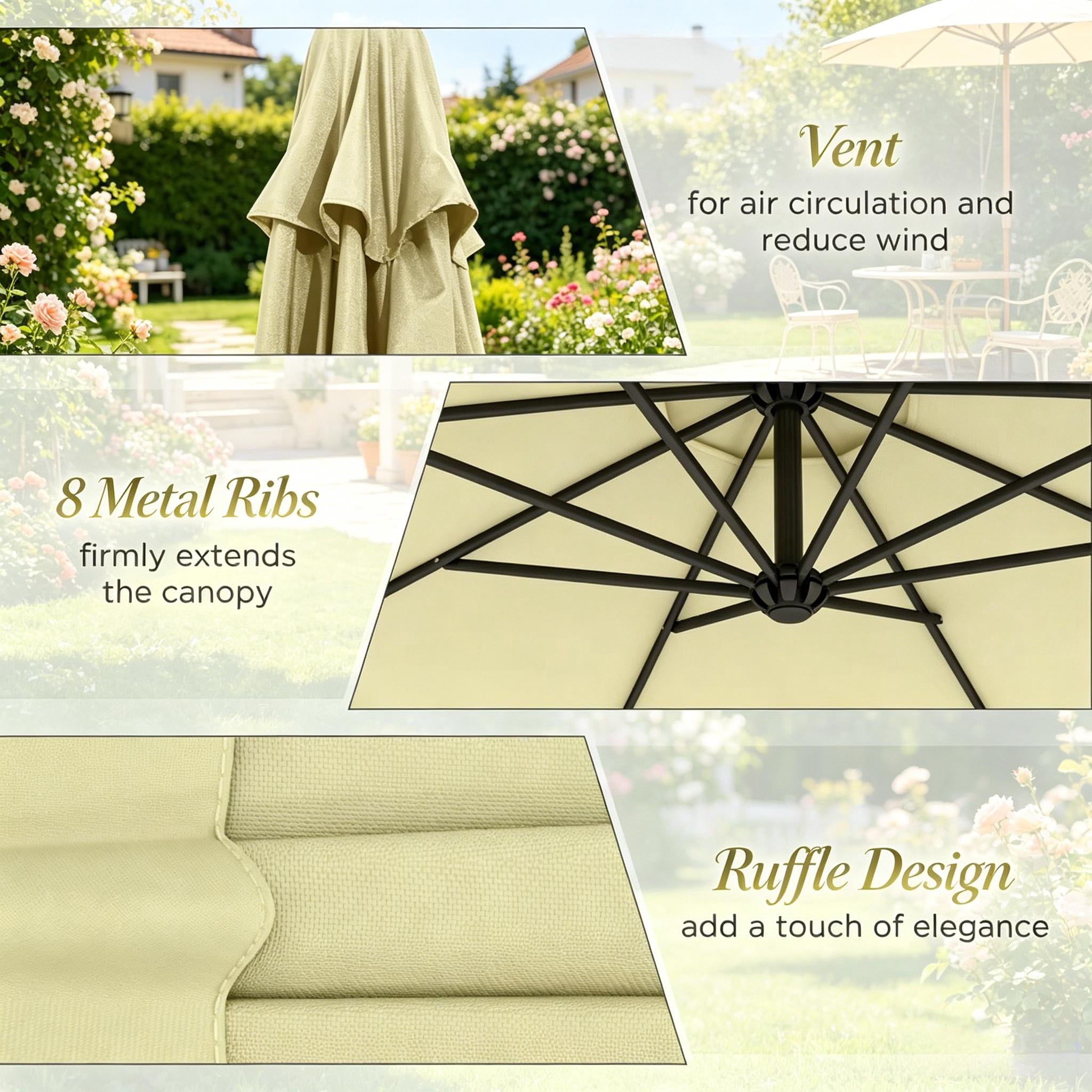 10ft Beige Offset Patio Cantilever Umbrella with Stable Base, Adjustable Tilt Crank Operated Outdoor Sun Shade, UV & Water Resistant Steel Frame for Garden Backyard