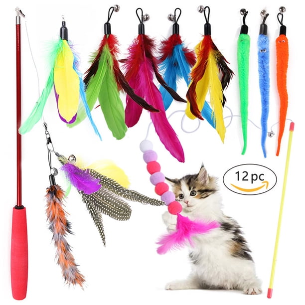 Juego de 12 Uds. De plumas de juguete para gatos, juguete para gatos, varita para gatos, juguetes interactivos de plumas con campanas y recambios de plumas para interiores