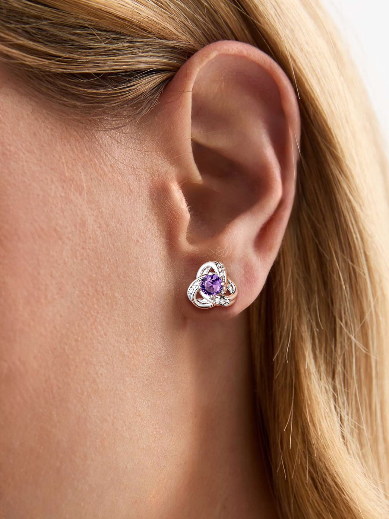 Suplight 925 Sterling Silver Love Shape Knot Birthstone Stud Earrings for Women Gifts Sparkle Round Cut