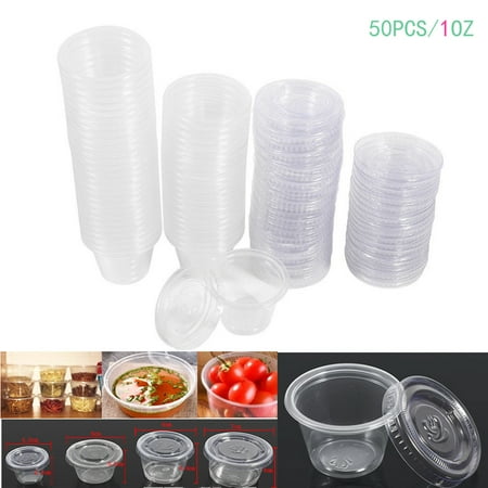 WALFRONT 1 oz Disposable Cups with Lids, 50Pcs Plastic Clear Chutney Sauce Cups Food Takeaway Hot Souffle Portion Container Cups
