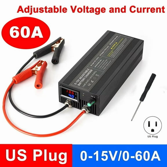 60A Lifepo4 Charger 0-15V Battery Charge Car Fast Charge Lithium Battery Charger 12.6V High Power Adapter US Plug