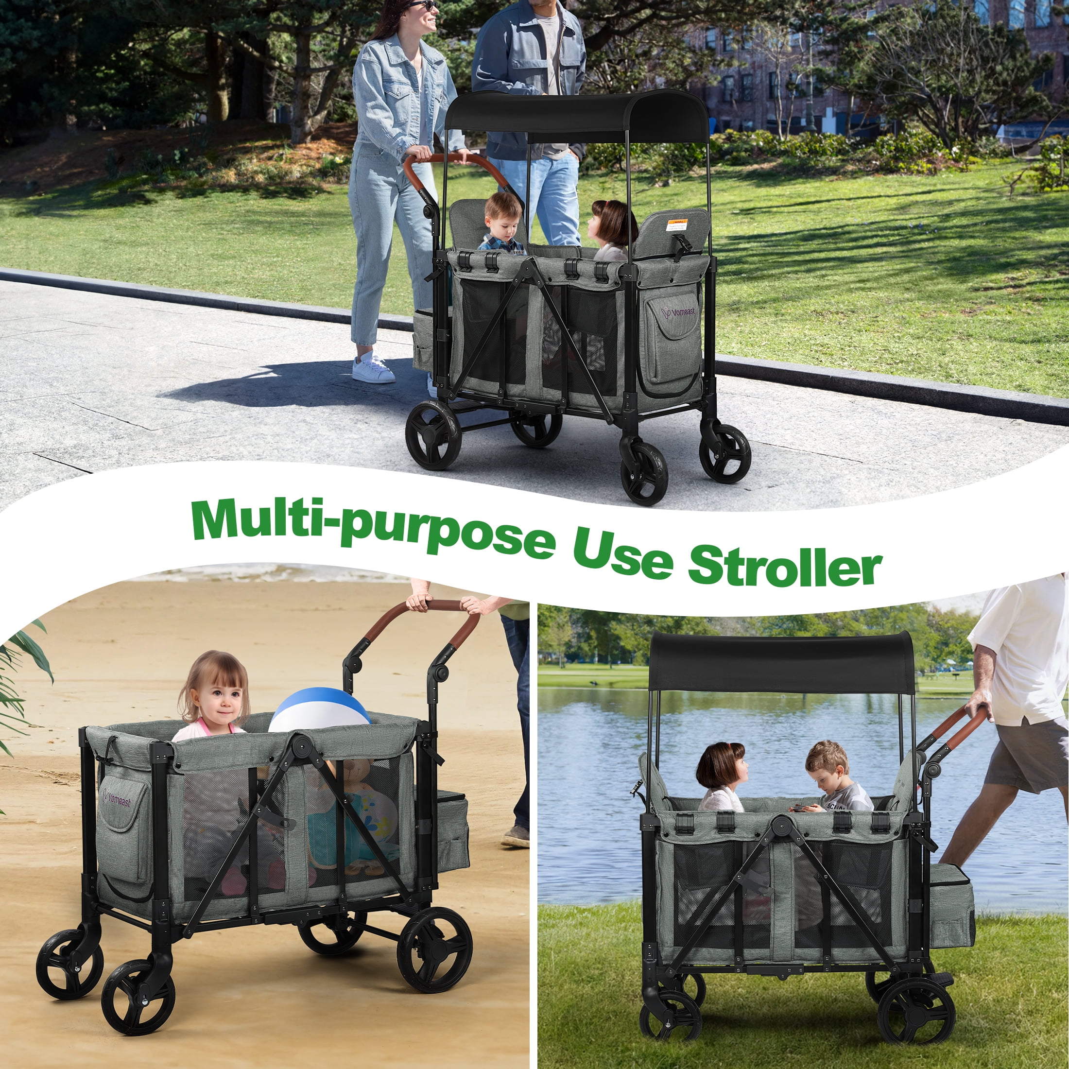 Vomeast Wagon Stroller for 2 Kids, 3-in-1 Outdoor Baby Stroller Wagon with Canopy, 5-Point Harness, Adjustable Handlebars, Removable Seat for Toddlers, Grey Vomeast Wagon Stroller for 2 Kids, 3-in-1 Outdoor Baby Stroller Wagon with Canopy, 5-Point Harness, Adjustable Handlebars, Removable Seat for Toddlers, Grey - Image 3