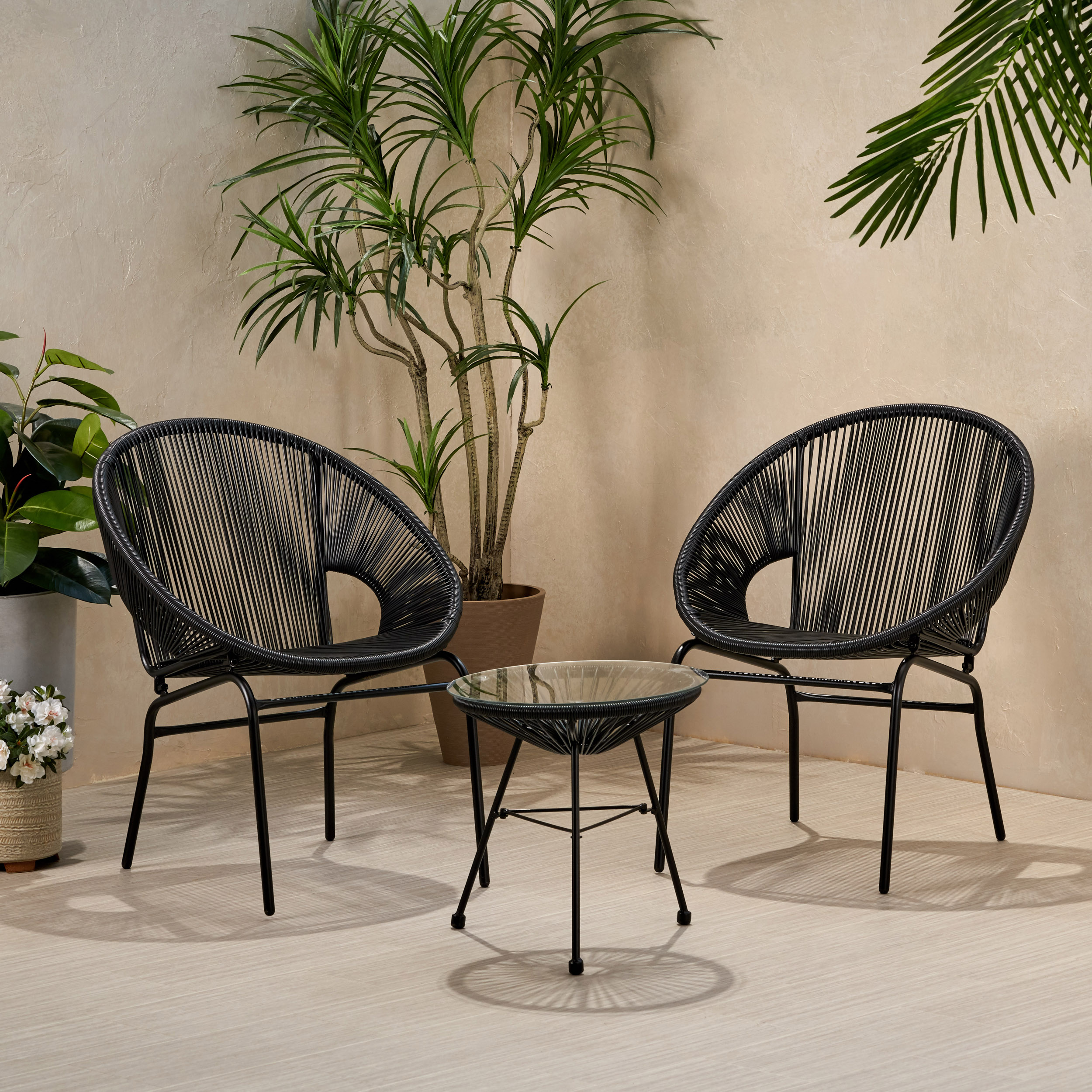 Hayk Outdoor Modern 2 Seater Faux Rattan Chat Set, Black