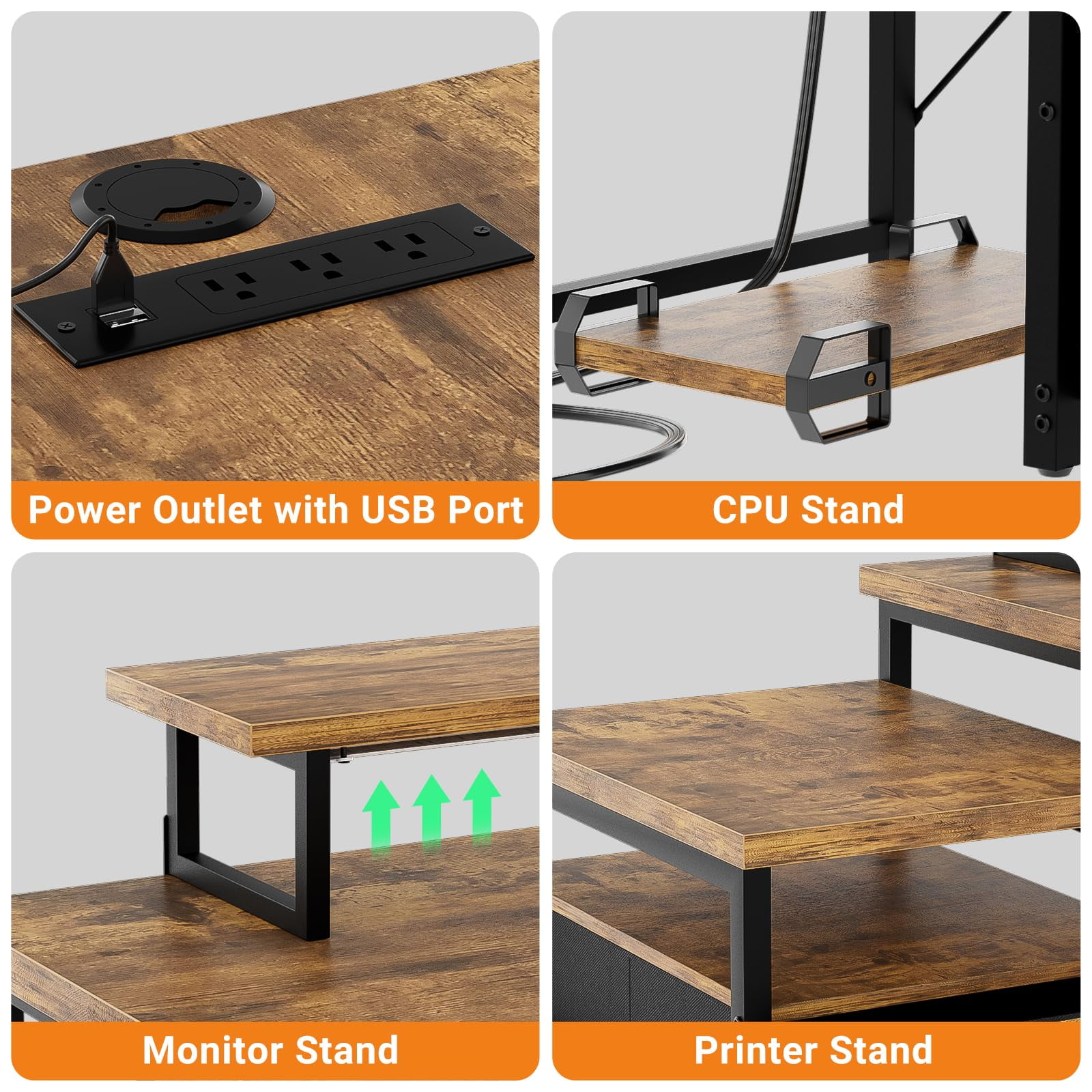 Homieasy Reversible L Shaped Computer Desk with Fabric File Drawers, 70.8" Large Office Desk with RGB LED Lights & Power Outlets & Monitor Stand & CPU Stand, Sturdy Corner Gaming Desk, Rustic Brown