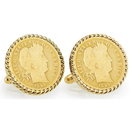 American Coin Treasures Gold-Plated 1800s Silver Barber Dime Goldtone Rope Bezel Cuff Links