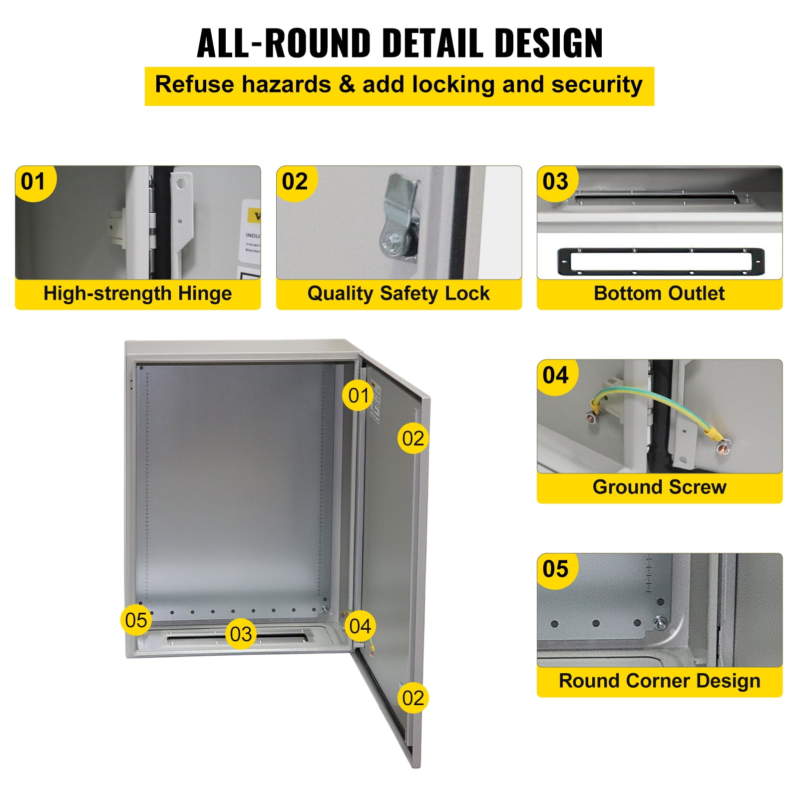 VEVOR Electrical Enclosure, 20'' x 16'' x 8'', UL Certified NEMA 4 Outdoor Enclosure, IP65 Waterproof & Dustproof Cold-Rolled Carbon Steel Hinged Junction Box for Outdoor Indoor Use, with Rain Hood