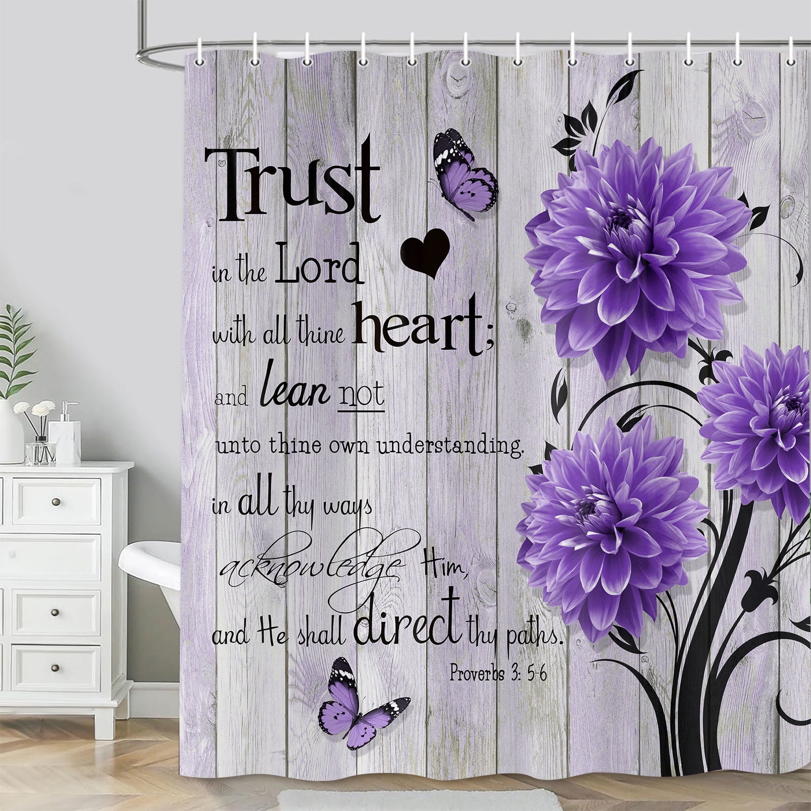 Farmhouse Flower Butterfly Bathroom Curtain, Rustic Purple Floral Dahlia Wooden Shower Curtain, Inspirational Quote Bath Curtain, Washable Fabric Shower Curtain Set with Hooks 47X64in