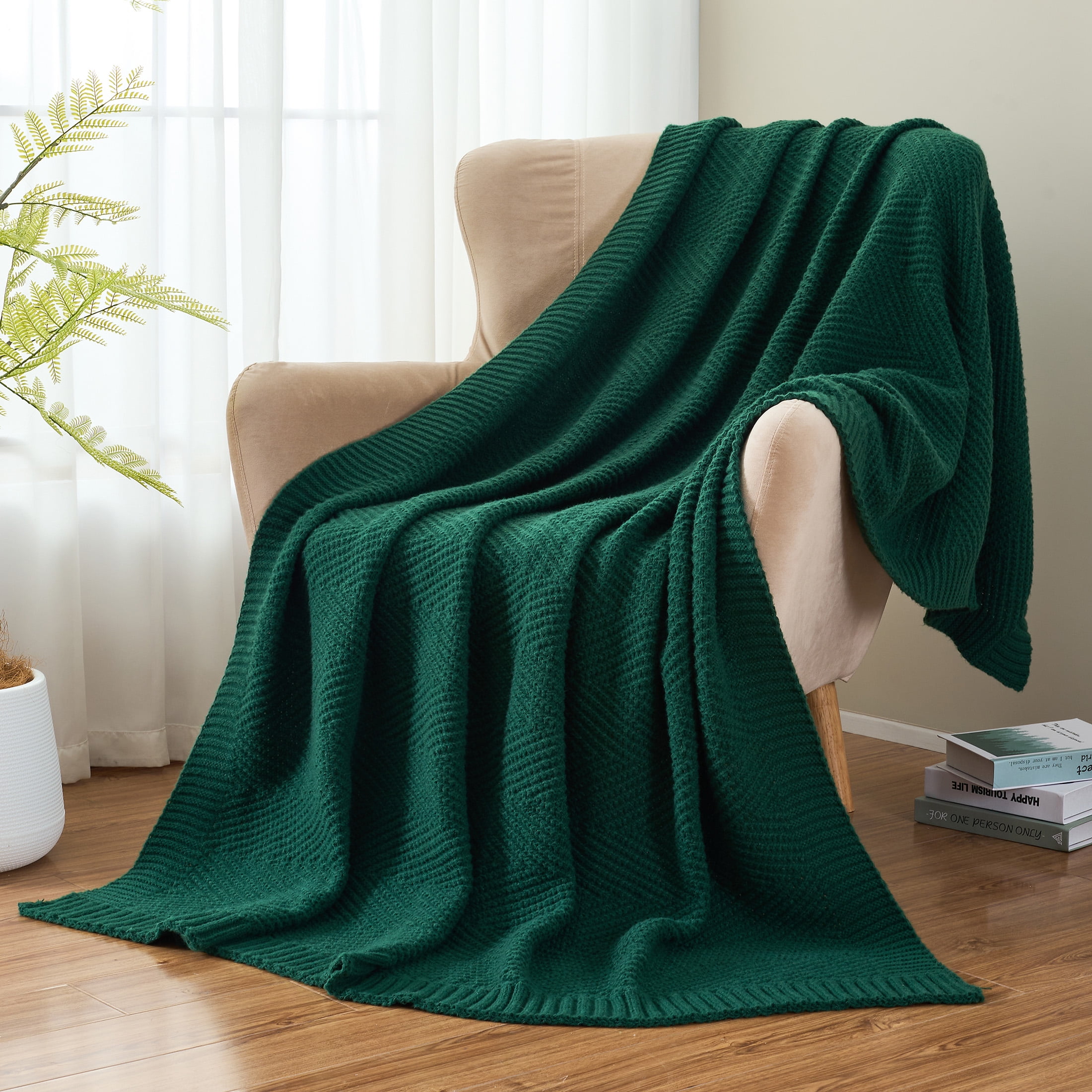 LONG CREATE Soft Knitted Throw Blanket 60" x 80" Dark Green, Boho Chevron Farmhouse Throw for Bed Couch