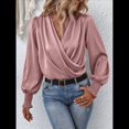 thumbnail image 4 of Camisa Elegante de Color Liso con Escote en V y Mangas Farol para Mujer Rosa XL, 4 of 9