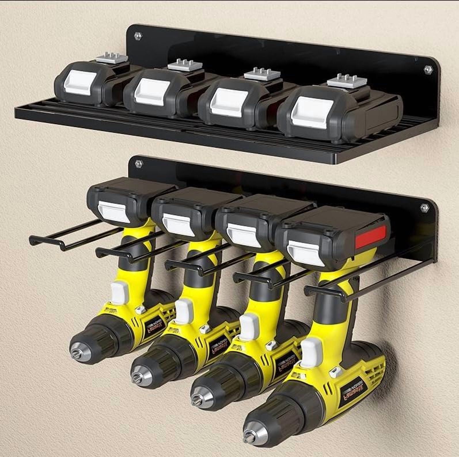 Power Tool Organizer Holder Storage Rack Wall Mounted Heavy Duty Alloy Steel Black with 1 Shelf and 1 Tool Rack