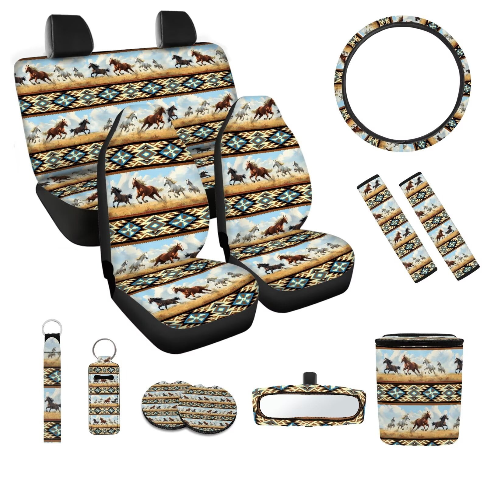JOAIFO Boho Car Seat Cover Full Set for Women, Universal Car Seat Cover, Horse Steering Wheel Cover, Aztec Car Decor, Rear View Mirror Accessories