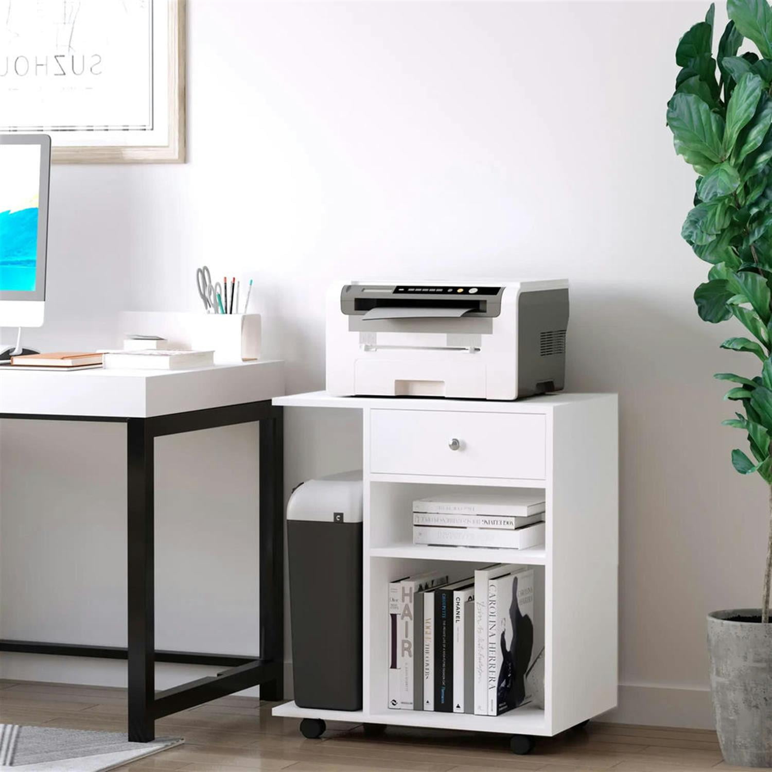 Demi Bonn Rolling Filing Cabinet with Castors, Adjustable Shelf, Drawer and CPU Stand, Modern File Cabinet for Home Office, Printer Stand, White