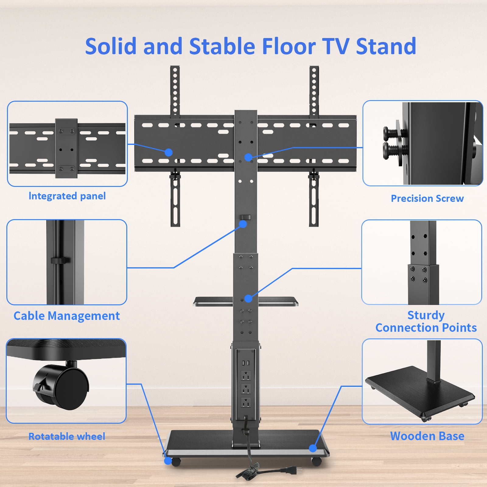 Rolling TV Stand with Power Outlet, Mobile TV Cart for 32-75 Inch TVs up to 110 lbs, 18 Adjustable Heights, Max VESA 600x400mm, TV Floor Stand with Swivel Mount/Shelf/Wheels, Fits for Bedroom
