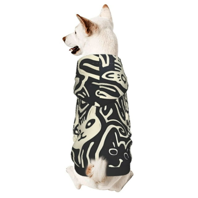 Fotbe Abstract Cat Faces Pattern Print Small Dog Sweater Hoodies Pet Grey Hooded Soft Fleece Sweatshirts with Pocket Fall Winter Puppy Cat Sweaters Warm Clothes-X-Large