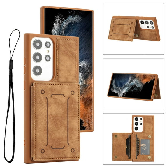 Compatible with Samsung Galaxy S23 Ultra Case, Classic Wallet Case, Lanyard Wrist Strap with Kickstand PU Leather Card Holder Protective Cover for Samsung Galaxy S23 Ultra 6.8 inch,Brown