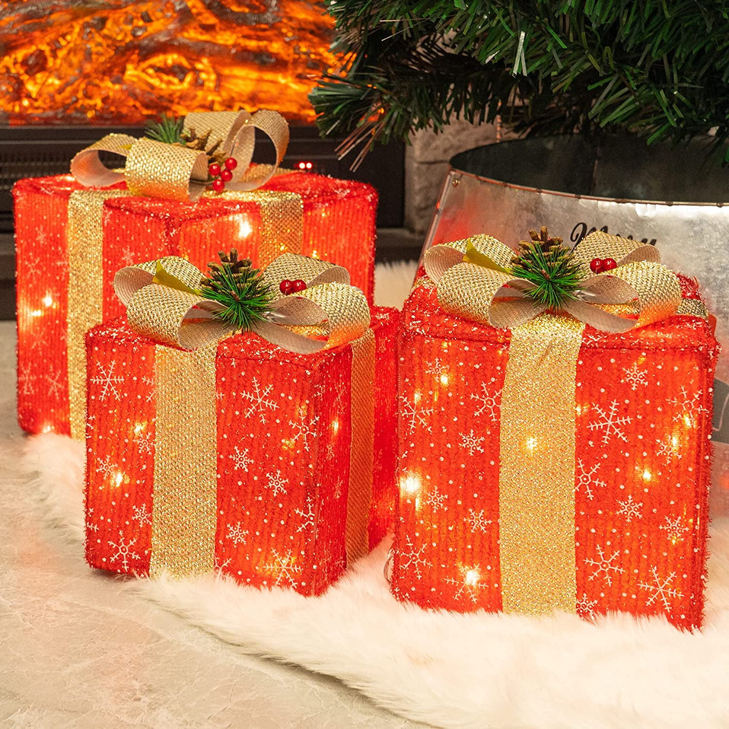 CHRISTMAS LED GIFT BOX SET 3 COLORFUL PARCEL PRESENT HOME DECORATION RIBBON BOW 