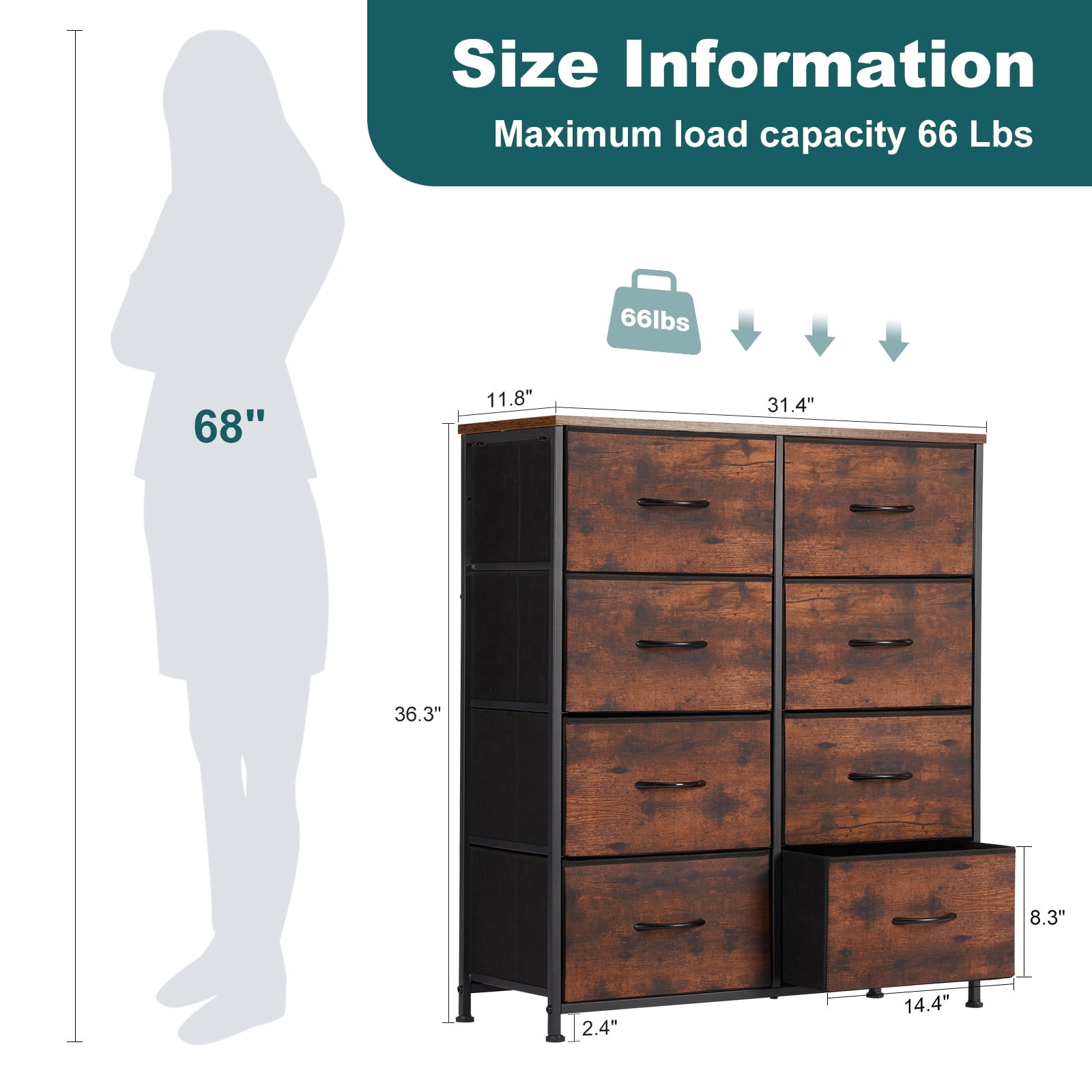 JIOABL 8 Drawer Chest Organizer with Fabric Bins, Dresser for Bedroom, Tall Steel Frame, Rustic Brown