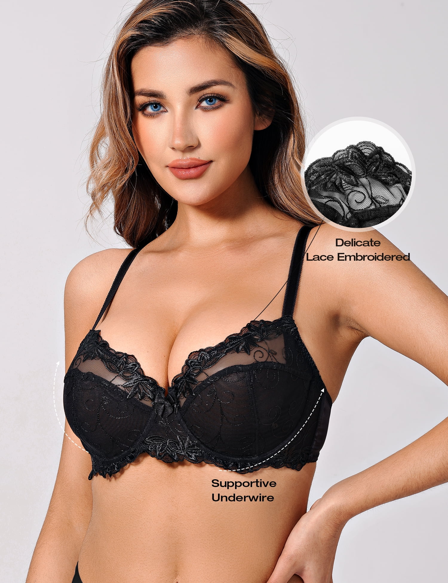 Deyllo WomenAs Sheer Lace Bra Underwire Unlined Bra Full coverage Non  Padded(Black,32DD on OnBuy