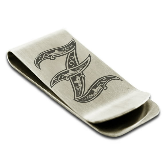 Stainless Steel Letter Z Initial Royal Monogram Engraved Engraved Money Clip Credit Card Holder