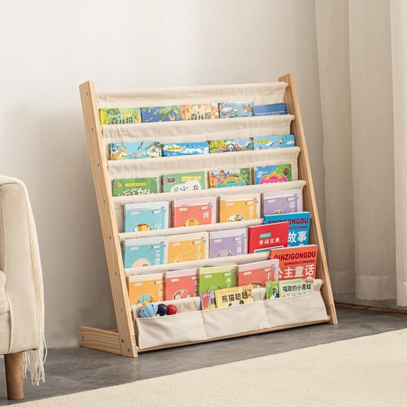 7 Tier Wooden Kids Bookshelf Natural Pine Storage Organizer for Room Study Play