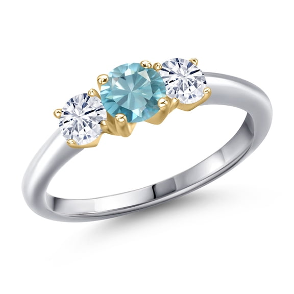 Gem Stone King 925 Silver and 10K Yellow Gold Blue Zircon and White Moissanite Engagement Ring for Women | 1.31 Cttw | Round 5MM | Gemstone Birthstone | Size 7
