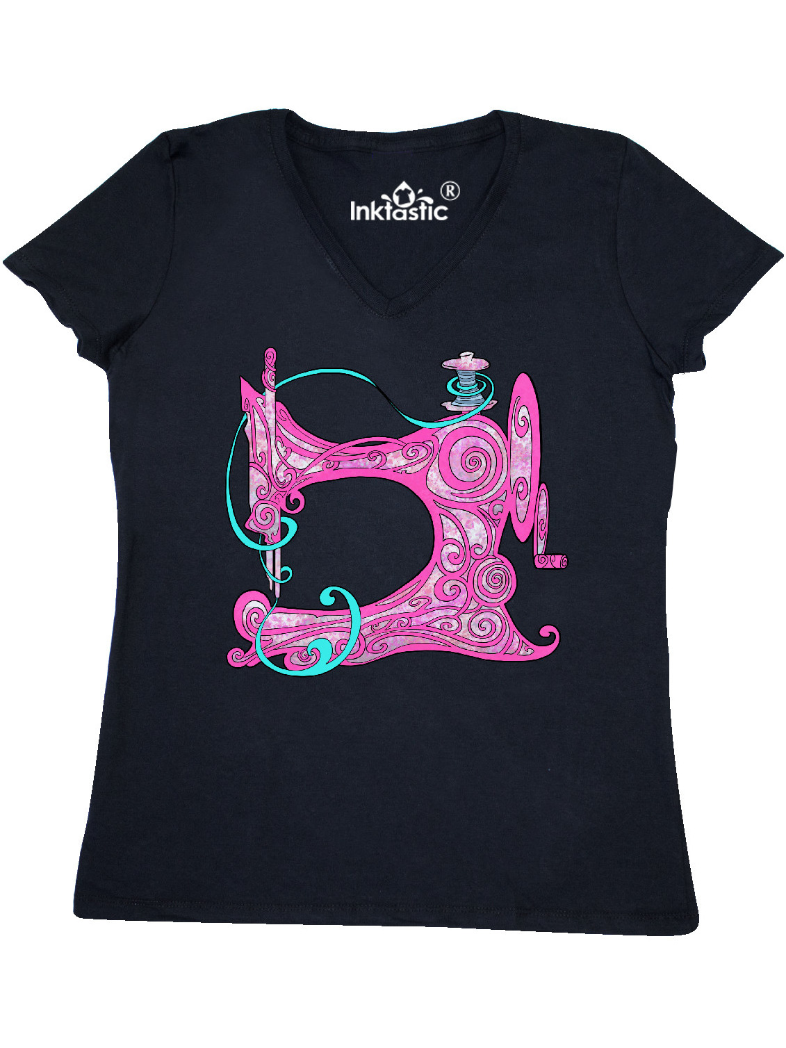 INKtastic Stylized VIntage Sewing Machine in Pink Women's VNeck T