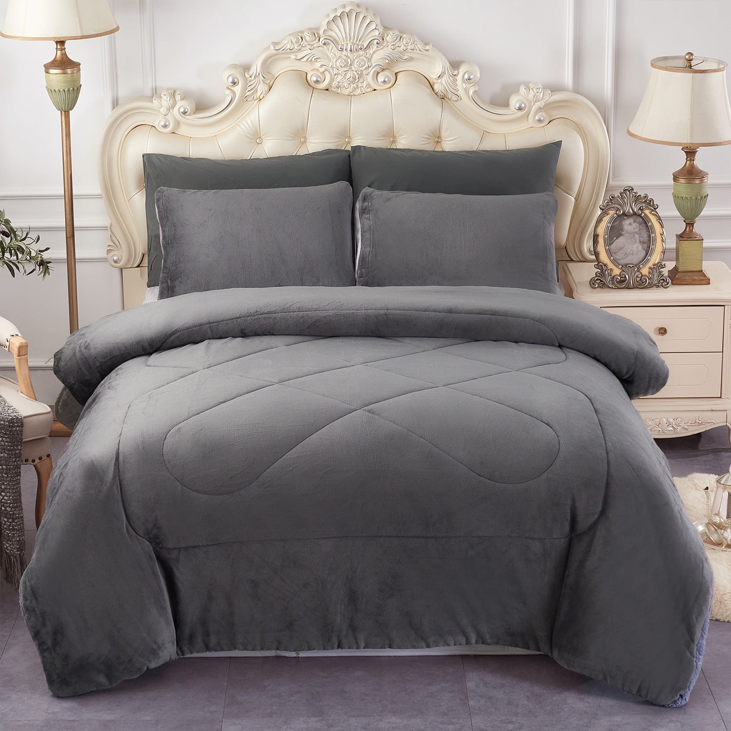 JML Sherpa Fleece Bed Blankets, Grey Thick Warm Borrego Cal King Blanket for Bed, 87"x95"