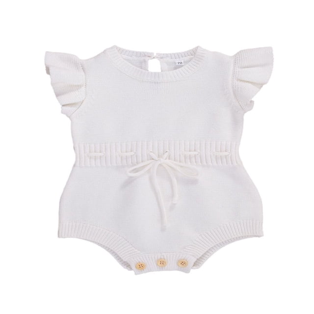 Newborn Infant Baby Girls Knit Ruffle Sleeveless Drawstring Romper Sweater Suit White 12-18 Months