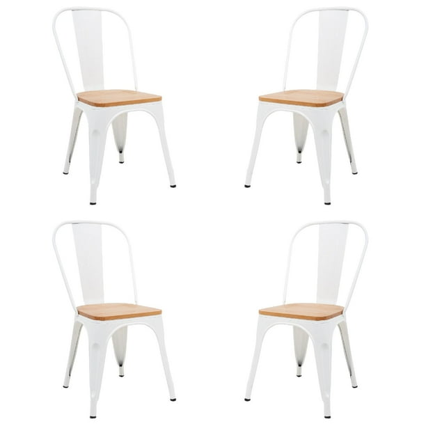 Set de 4 Sillas Tolix Con Asiento De Madera Metalica Acero blanco