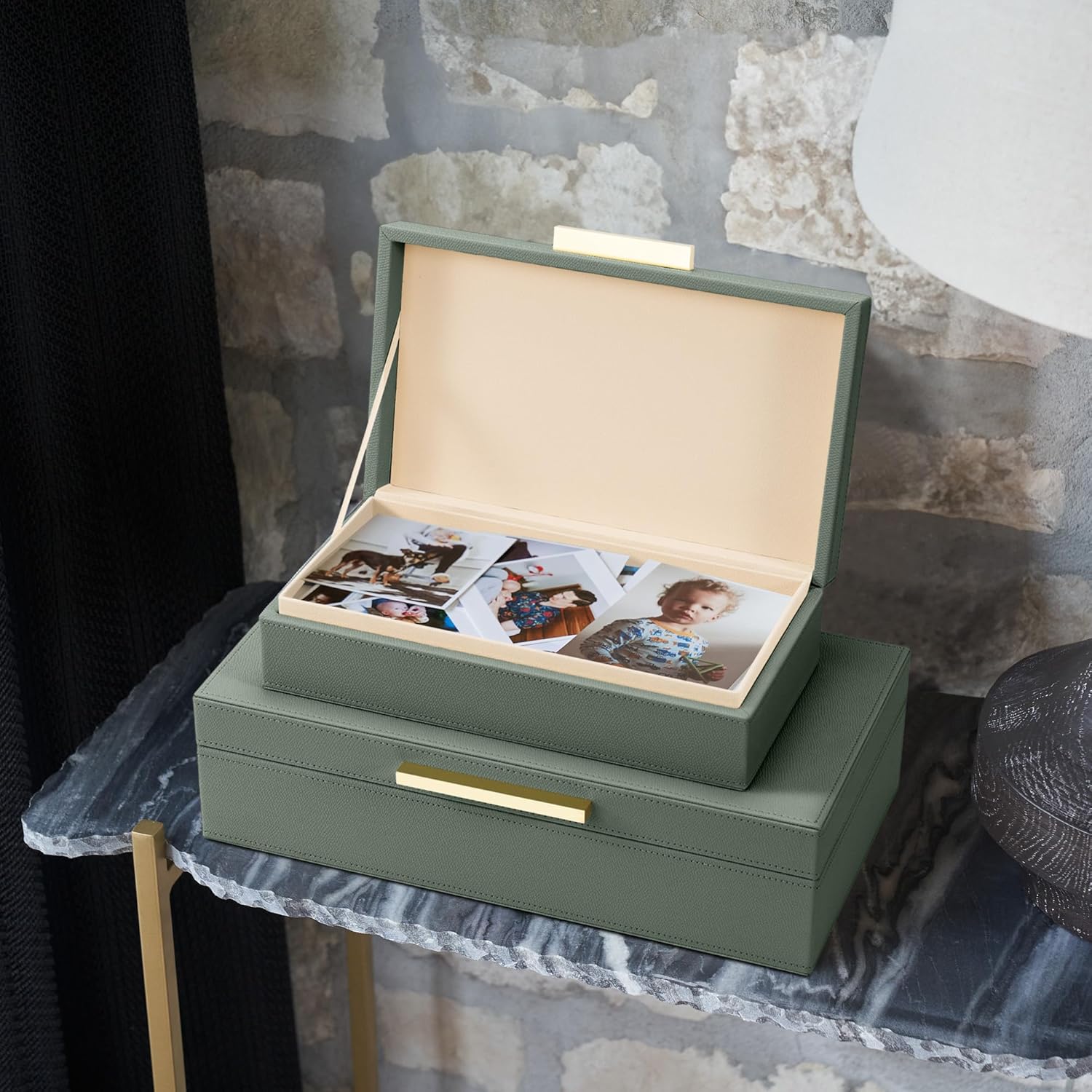 Decorative Storage Boxes with Lids – Set of 2 Beautiful PU Leather Organizer Bins for Your Bookshelf Home Decor - Safely Store Photos, Documents and Memory Box Keepsakes in Style