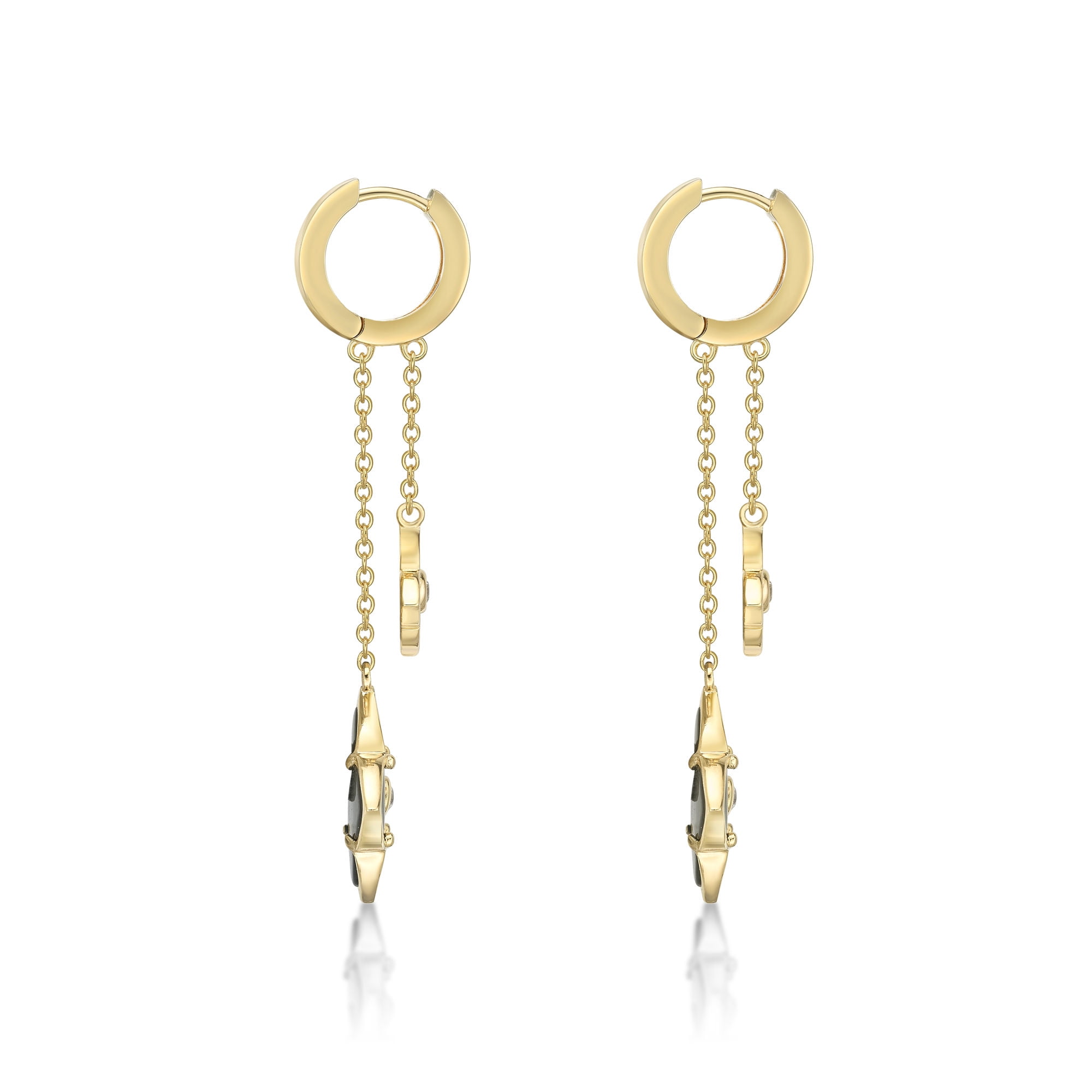 Black Onyx Flower Dangle Drop Earrings for Women in 925 Sterling Silver with Yellow Gold Plating Hinge Post by Lavari Jewelers